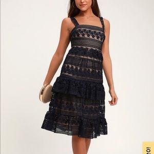 Ethereal NAVY BLUE AND NUDE LACE MIDI DRESS